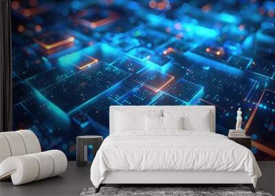 Quantum bit qubit representation, abstract geometric shapes, glowing neon blue, futuristic design, high resolution Wall mural