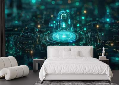 Quantum encryption, digital security visualization, glowing locks and keys, neon blue and green, hightech, detailed illustration Wall mural