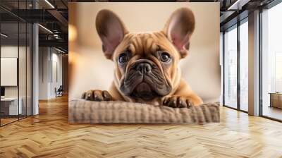 french bulldog lying on a bed, portrait of bulldog, happy, cute, playful and funny look - generative Wall mural