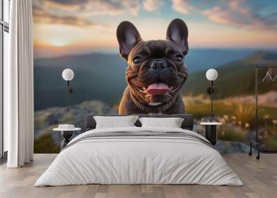 Frensh bulldog in the mountains, portrait of bulldog, happy, cute, playful and funny look - Generative AI Wall mural