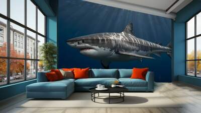 A great white shark swimming in the deep blue ocean.generative.ai Wall mural