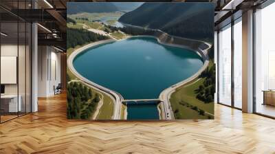 Water dam and reservoir lake aerial panoramic view in French Alps mountains.generative.ai Wall mural