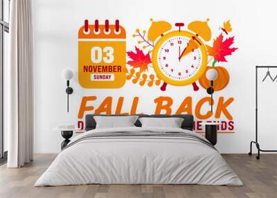 Fall Back daylight saving time ends 2024 background or banner design template. Fall Back Time 2024 is observed every year in November. Set Your Clock Back One Hour banner with clock. Wall mural