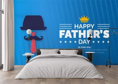 happy Father's Day background poster or banner design template celebrate in june. Father's Day background or banner with necktie, glasses, hat, and gift box. happy fathers day poster, greetings. Wall mural