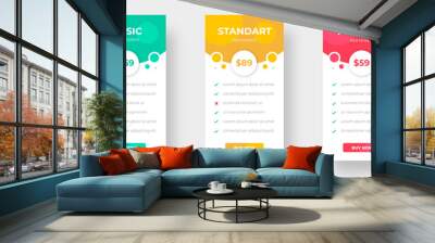 pricing table and pricing chart Price list vector template for web or app. Ui UX design tables with tariffs, subscription and business plans. Comparison business web plans, 3 column grid design. Wall mural