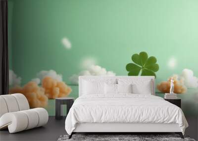 Clover leaf surrounded by colorful cotton clouds. St Patrick's day traditional background. Wall mural