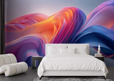 Curvy translucent sheets forming an abstract flowing shape. Dynamic motion, neon background Wall mural