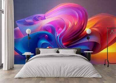 Curvy translucent sheets forming an abstract flowing shape. Dynamic motion, neon background Wall mural