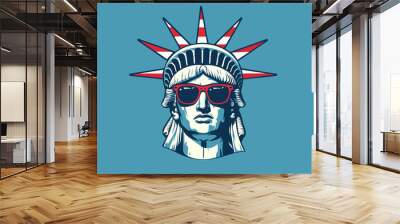 Statue of Liberty wearing sunglasses symbolizing American flag colors pattern. 4th of July, independence day background.  Wall mural