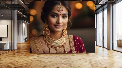 Indian woman adorned in stunning jewelry, celebrating the vibrant festival of Diwali. Wall mural