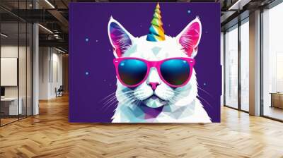 A colorful painting of a unicorn cat sporting sunglasses and a whimsical unicorn horn, looking cool and playful. Wall mural