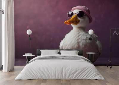 A white duck in a pink hat and sunglasses poses against a vibrant purple background, exuding a playful charm. Wall mural