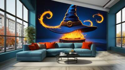 A witch hat adorned with vibrant flames, symbolizing magic and mystery in a striking design. Wall mural