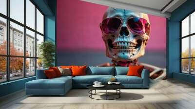 Cool skeleton sporting sunglasses, exuding confidence, great for Halloween and quirky themes. Wall mural