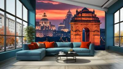 Enchanting Indian Skyline at Dusk with Illuminated India bridge and Gate with sunset view. City landscape Wall mural