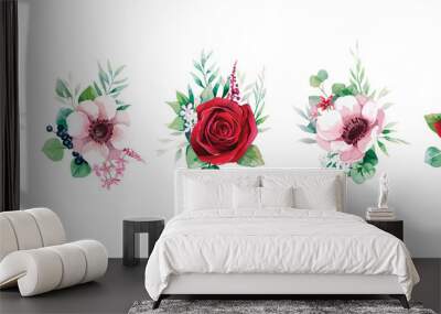 Floral romantic bouquets for wedding invite or greeting card. Red rose and Anemone flower, Greenery leaves. element set. Wall mural