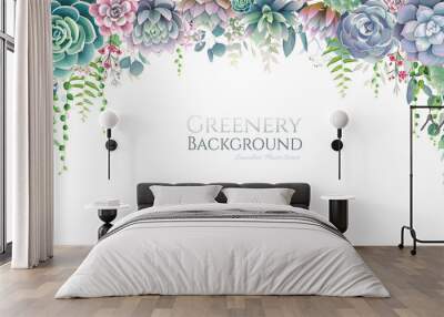 Greenery, succulent and branches frame border on white background. Beautiful template for invite or greeting card, banner. All elements are isolated and editable. Wall mural