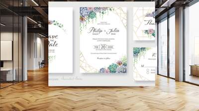 Greenery, succulent and branches Wedding Invitation card, save the date, thank you, rsvp template. Vector. Wall mural