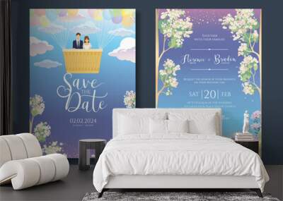 Wedding Invitation, save the date, card template. Vector. The newlyweds ride a balloon in the sky. In the background is a field of flowers and trees that are blooming. Wall mural