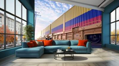 Colombian exports. Freight train with loaded containers in motion.  Wall mural