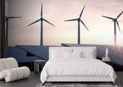 Landscape with solar park and wind turbines in the background. Wall mural