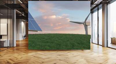 Natural landscape with solar panels and wind turbines. Realistic 3D render. Wall mural