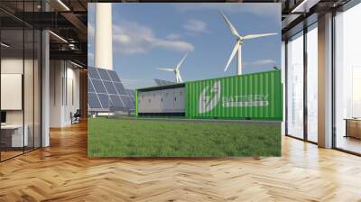 Solar farm and windmills, renewable battery storage. Realistic 3d render. Wall mural