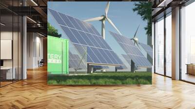 Solar farm and windmills, renewable energy storage. Realistic 3d render. Wall mural