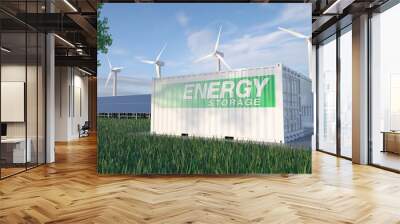 Solar panels, storage, wind turbines and clean electricity distribution.  Wall mural