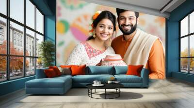 A happy Indian couple holding the Pongal pot and wearing traditional attire, with an abstract background Wall mural