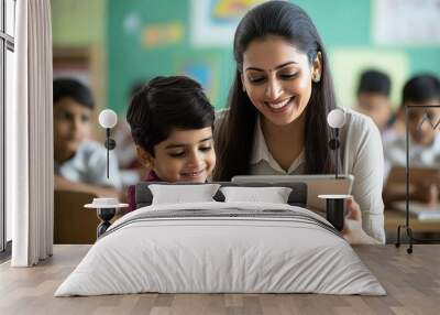 A smiling Indian female teacher is sitting with her student in front of an iPad, they look happy and focused on the screen as she shows them something from it. The classroom background Wall mural