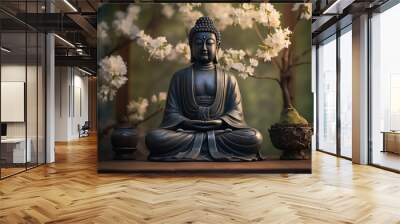 Black Buddha statue in meditating pose Wall mural