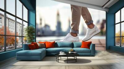 Close view of man wearing casual shoes Wall mural