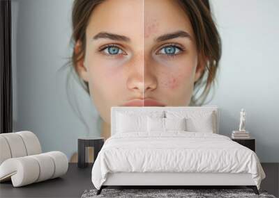 Comparison of a woman face skin before and after treatment Wall mural