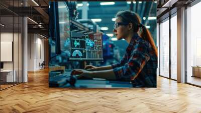 Confident female industrial engineer working on multi monitor displays, on design software Wall mural