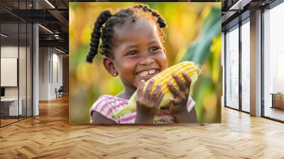 cute kid eating corn at farm Wall mural