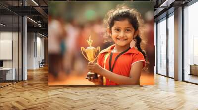 cute little girl with winning trophy Wall mural