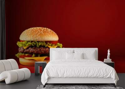 delicious, tasty homemade burger on a red background Wall mural