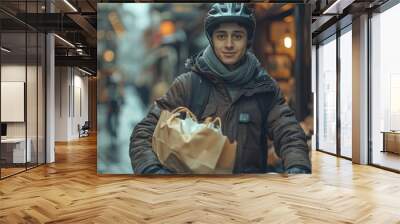 delivery man wearing helmet giving a grocery bag to a customer Wall mural