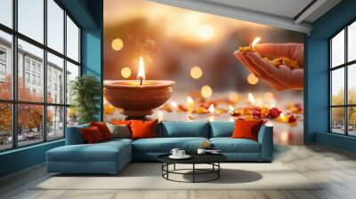 Diya and lights for diwali festival on blurred background Wall mural