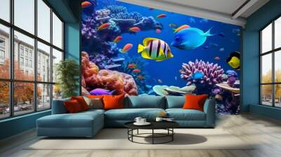 Animals of the underwater sea world. Ecosystem. Colorful tropical fish. Generative AI Wall mural