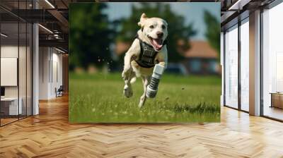 happy dog wearing dog prosthetic, running on yard Wall mural