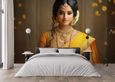 indian bride wearing traditional saree and gold jewelry Wall mural