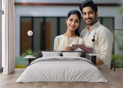 Indian couple holding home toy in hand. home loan concept. Wall mural