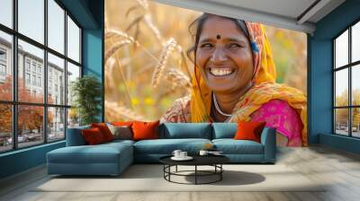 indian rural woman standing at agriculture field. Wall mural