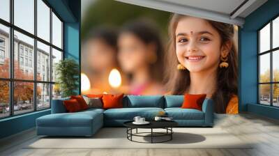 little indian girl holding oil lamp on diwali festival Wall mural