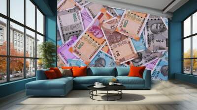 New Indian currency of 2000,500,200,50 and 10 rupee notes background Wall mural