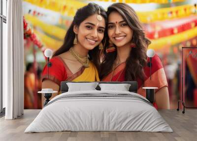 Two beautiful indian women in traditional saree Wall mural