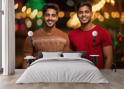 two Handsome young Indian model wearing red printed tshirt, in front of beautiful bokeh lights background Wall mural