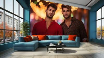 two Handsome young lebanese male model with beautiful eyes wearing red and yellow printed shirts Wall mural